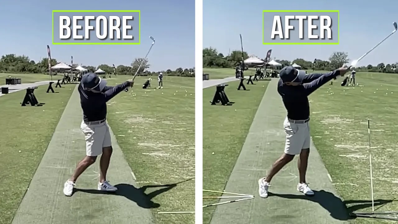 Split-screen before-and-after comparison of an over-the-top golf swing fix showing improved club delivery