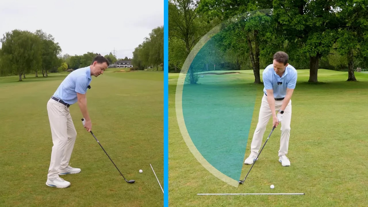 Split-screen drill demonstration showing fairway wood depth of arc and consistent low point control