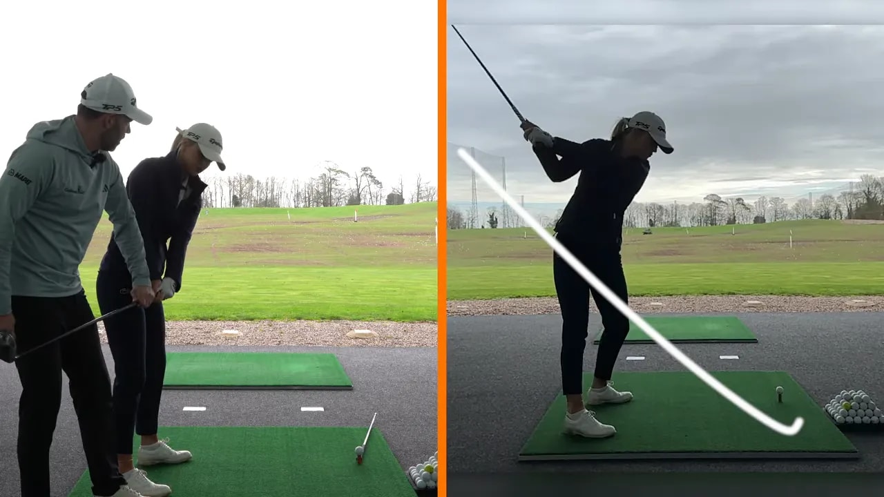 Split-screen of golfer demonstrating driver takeaway toward the ball using alignment guidance