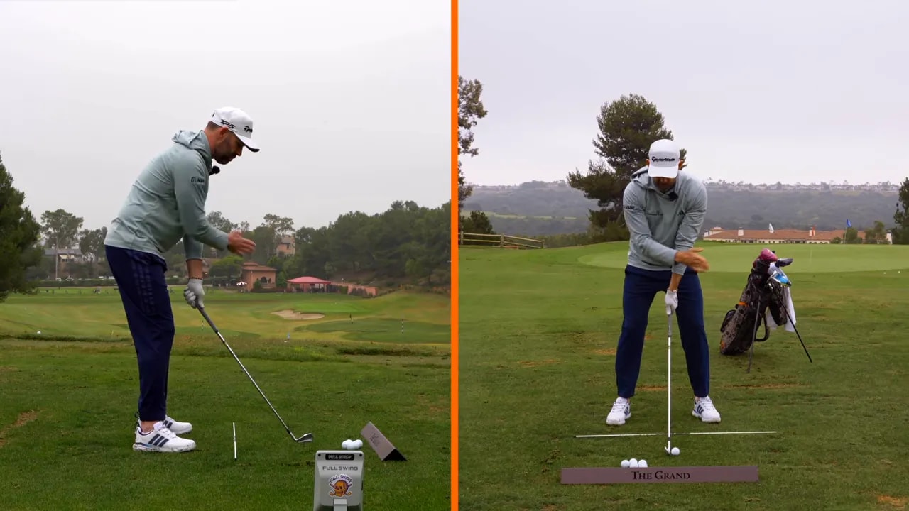 Split-screen of golfer iron swing positions to illustrate compression sequencing