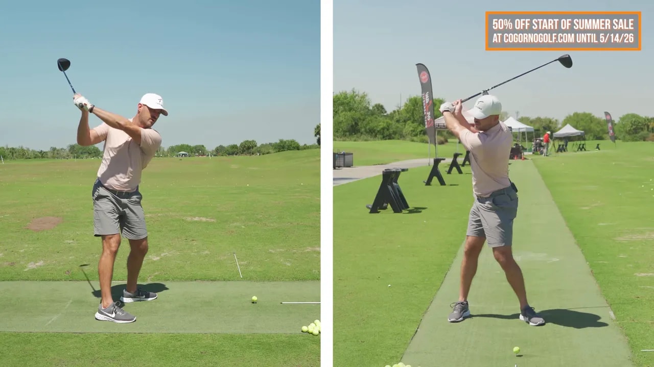 Split-screen golfer follow-through showing improved backswing completion and depth through right shoulder retraction feel