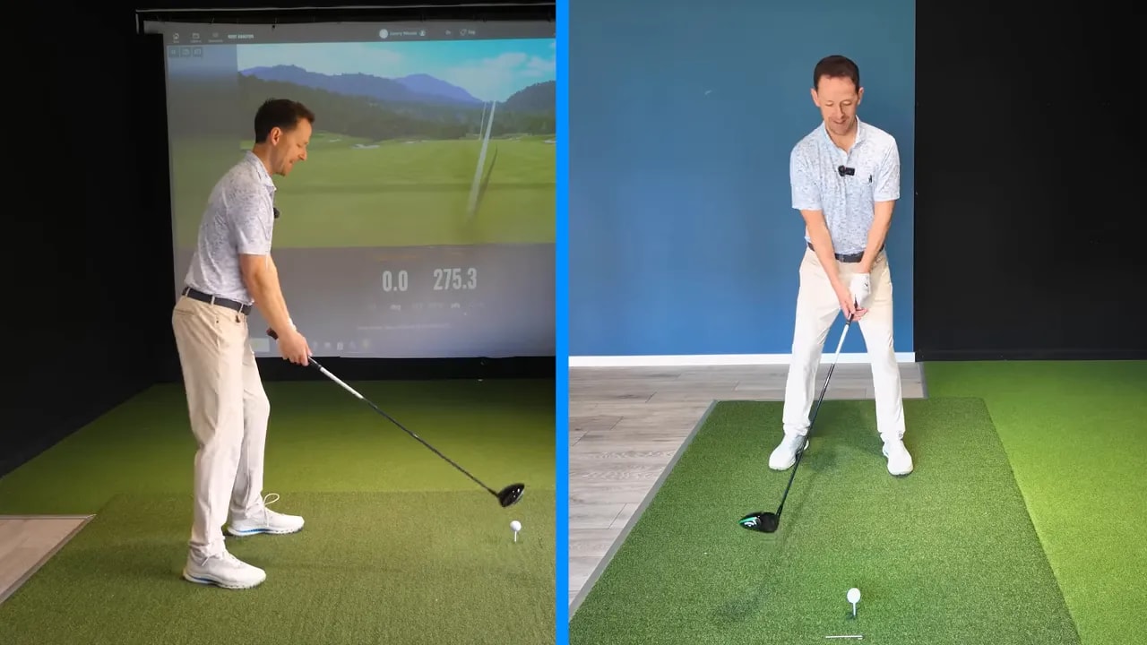 Split view of golfer setup and indoor simulator screen for face-to-path understanding in driver ball flight