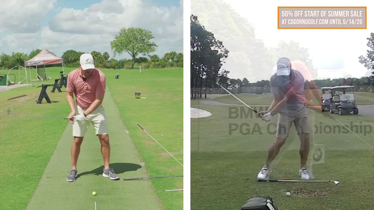 Side-by-side golf drill showing the stick-in-the-ground target and how to move the trail shoulder forward and under for bump and crunch