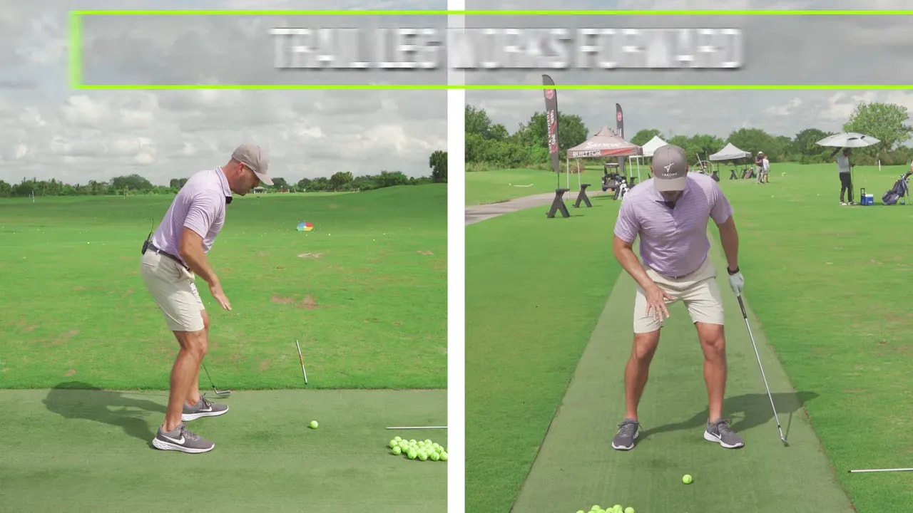 Golfer demonstrating a stuck trail leg golf downswing through impact on the driving range