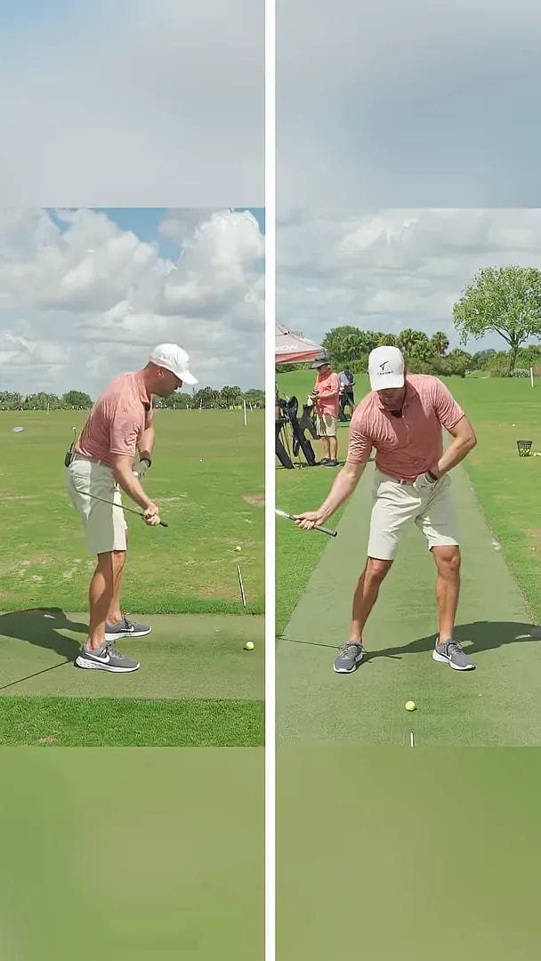 Two-angle golf drill rehearsal showing bump and crunch transition for trail shoulder down and forward