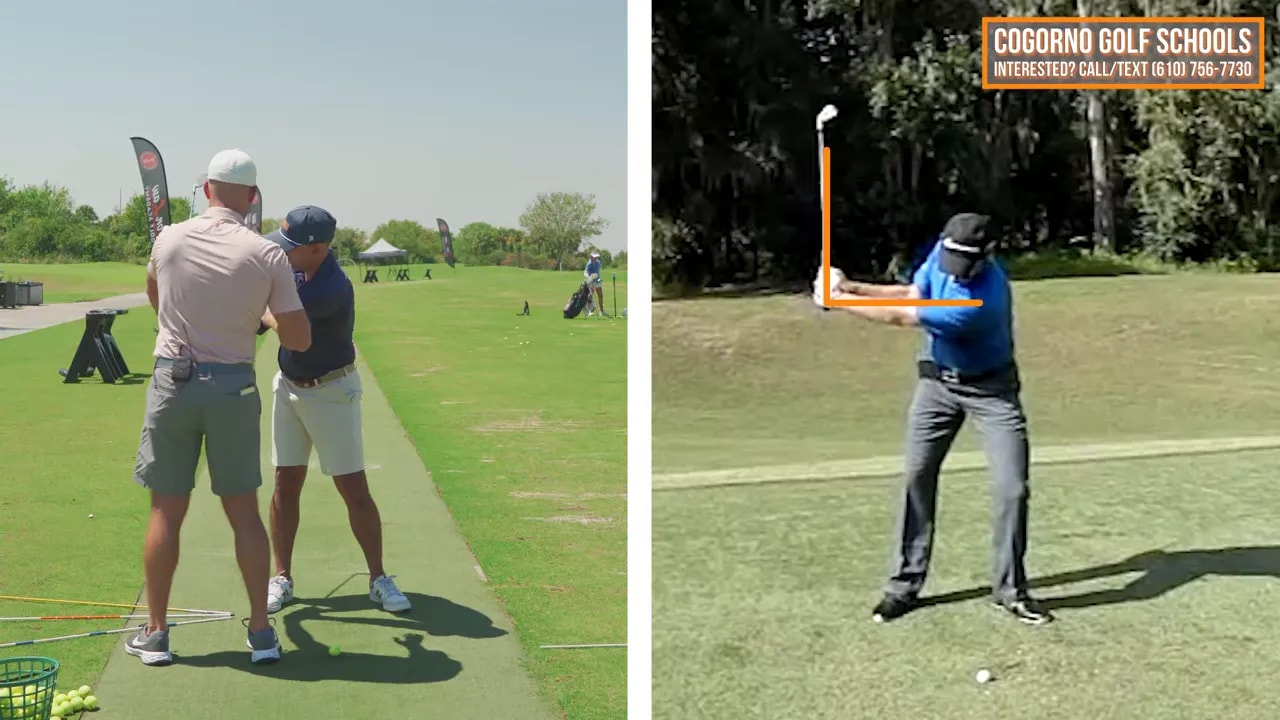 Zoomed-in split-screen view of lead wrist and club position to control late hinge in golf backswing