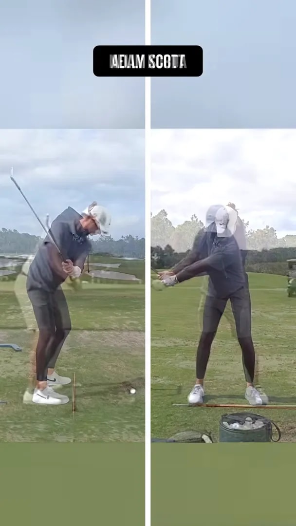 Split screen of Adam Scott's golf swing from down-the-line and face-on views labeled Adam Scott