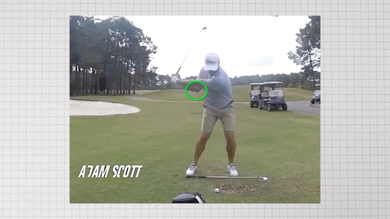 swing analysis frame labeled adam scott with a green circle on the trail elbow area