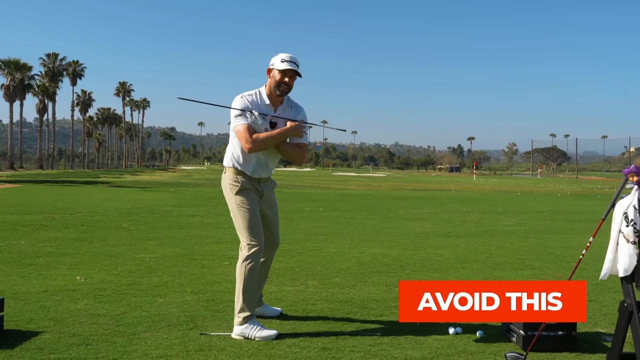 Side view of golfer in backswing with red label reading avoid this