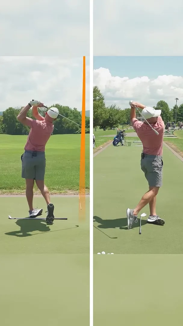 split screen of golfer in balanced follow through from face-on and side views