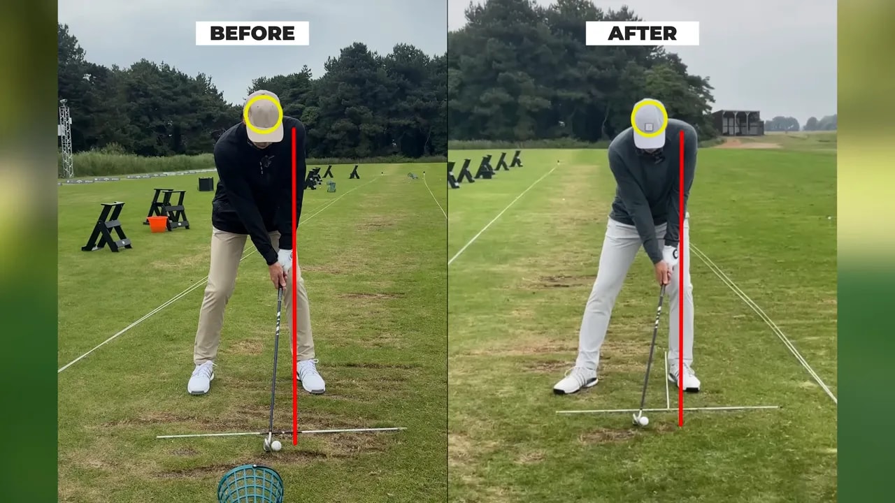 before and after split screen of golfer swing with red vertical reference lines