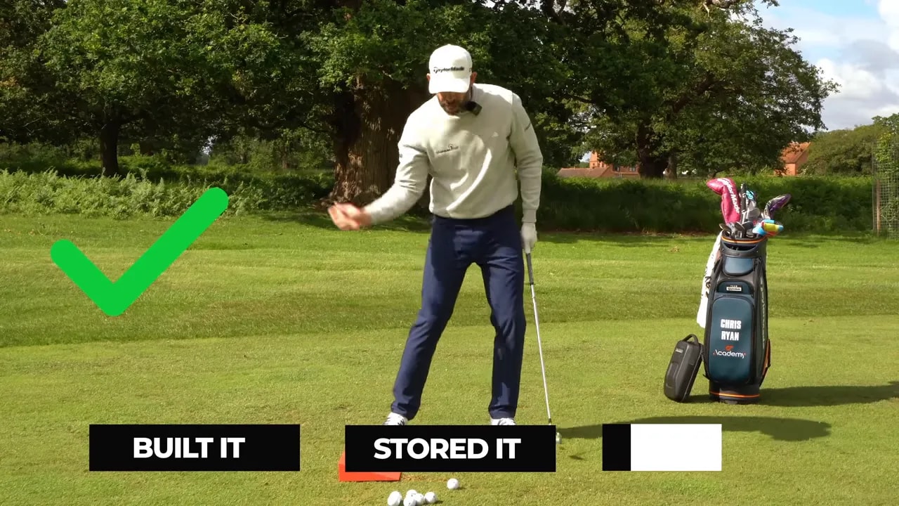 golfer demonstrating downswing sequence with labels built it stored it released it