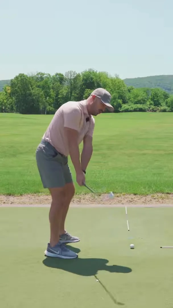 Split screen showing a golfer and Adam Scott from down-the-line view during the downswing