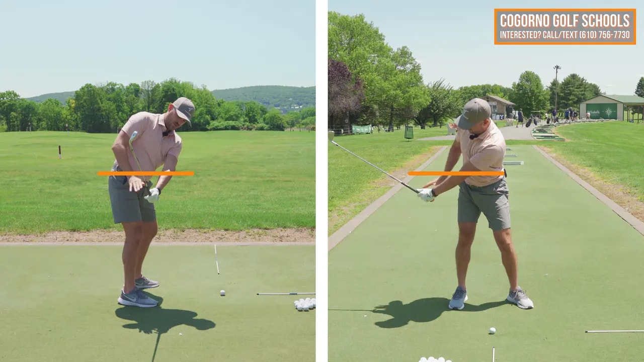 Split screen showing side and front views of golfer at waist high downswing with orange guide lines