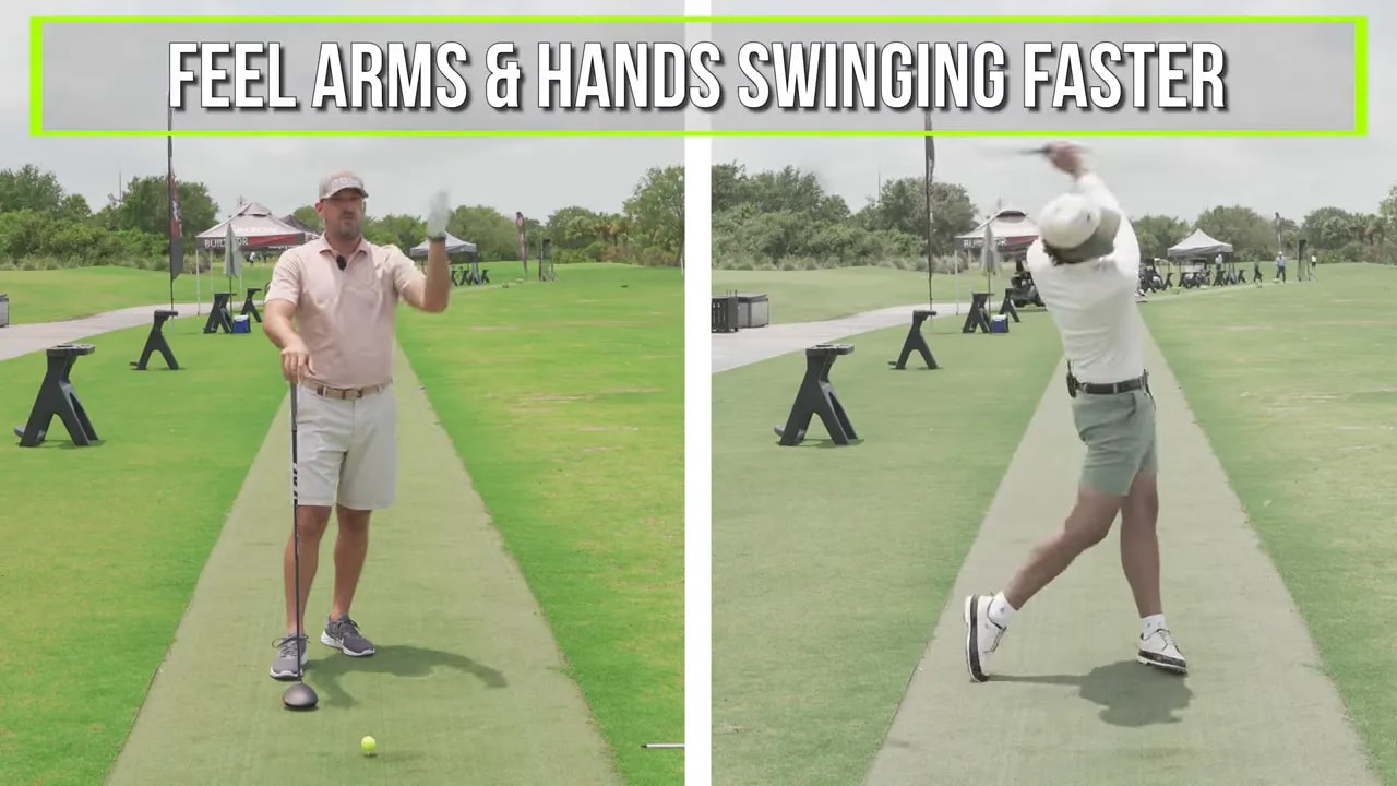 Split screen drill demonstration with text saying feel arms and hands swinging faster