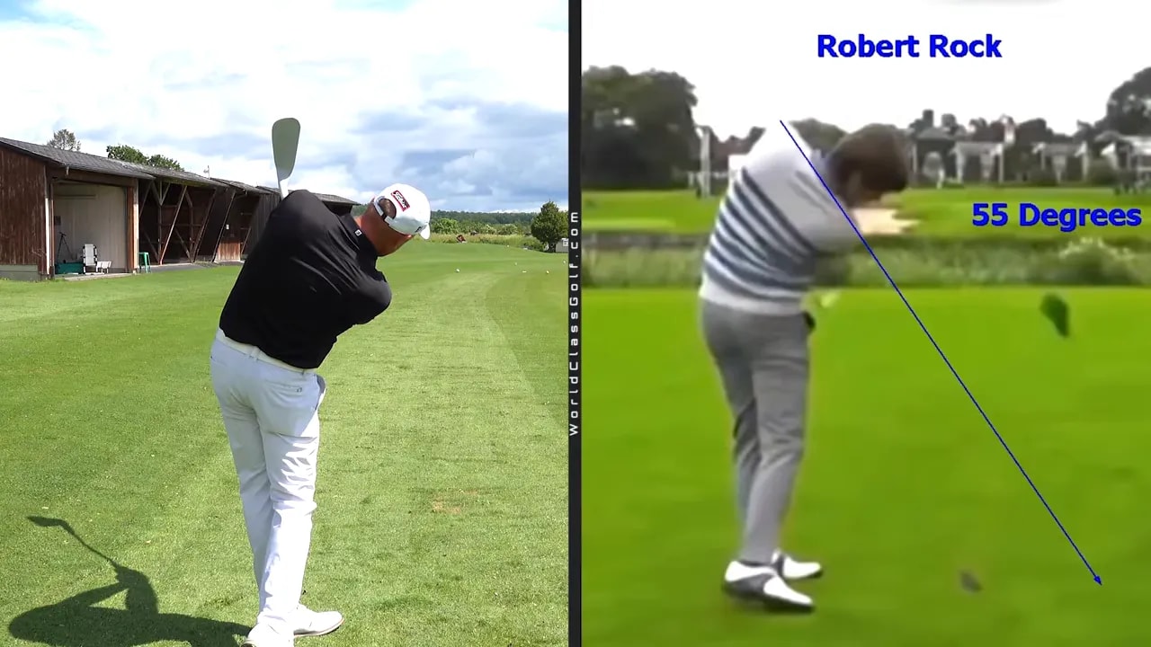 split screen of golf swings with yellow lines and 55 degrees text