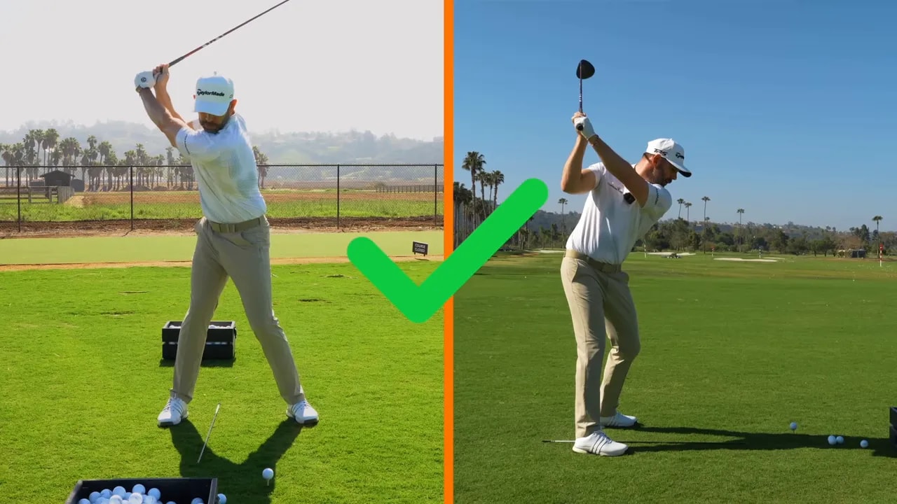 Split screen showing front and side views of the top of the backswing with a green check mark