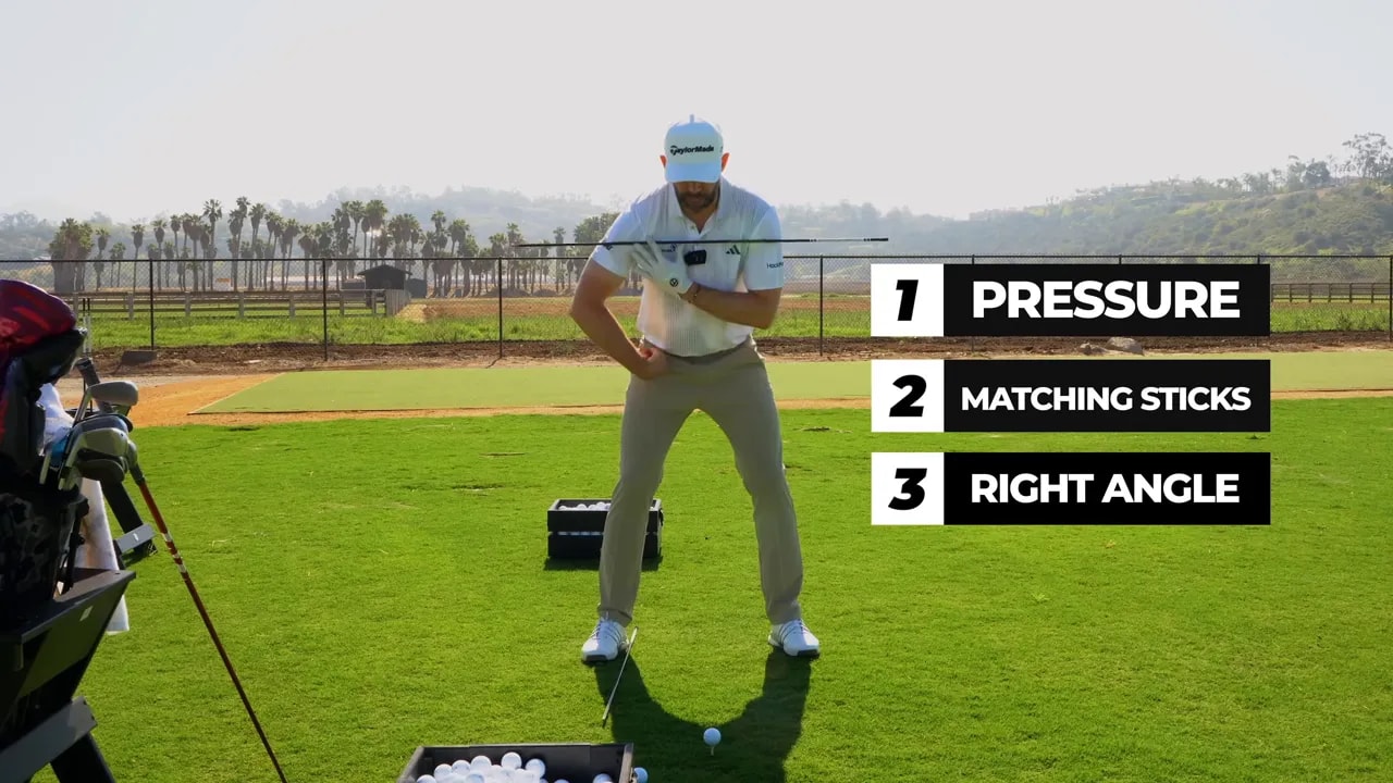 Front view of golfer with on-screen list showing pressure matching sticks and right angle