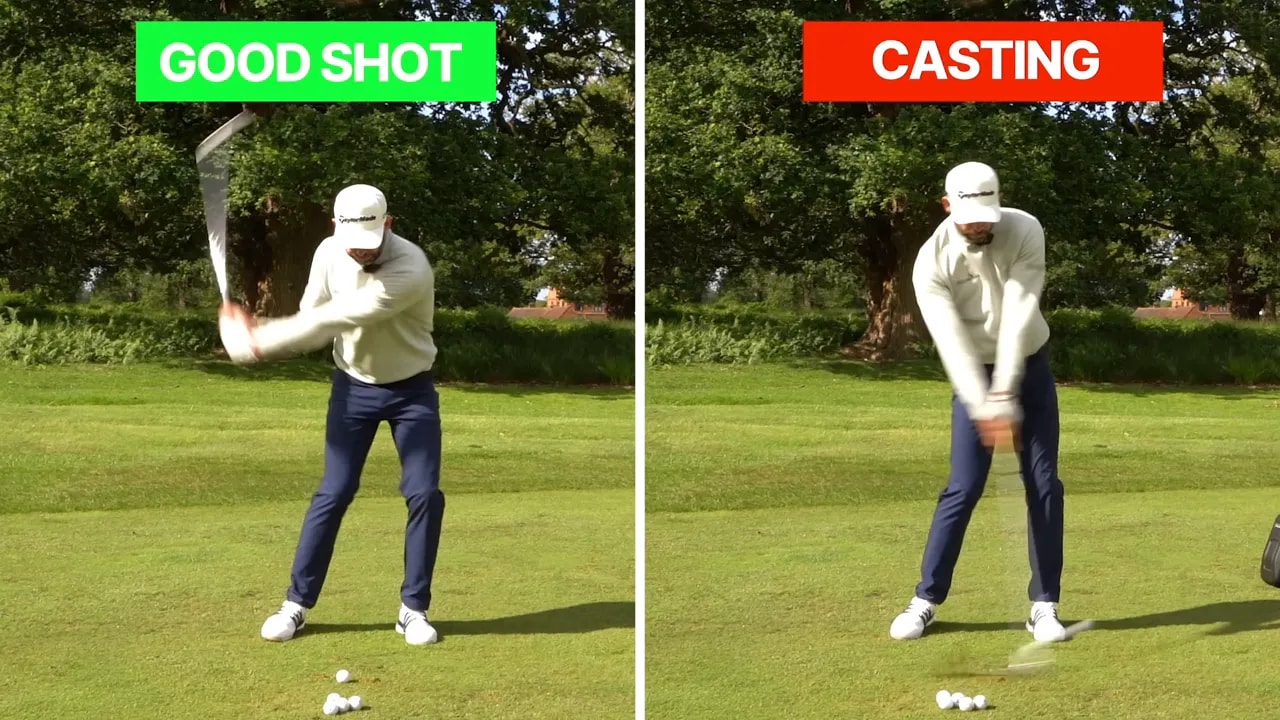 split screen golf swing comparison labeled good shot and casting
