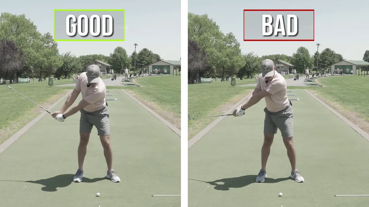 Split screen labeled good and bad showing two different front view hand positions in the swing