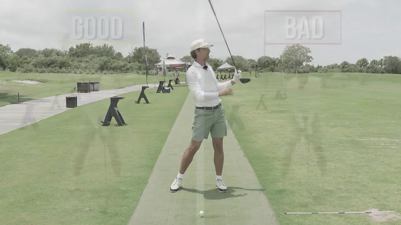 Split screen comparison labeled good and bad showing two driver swing motions from face on view