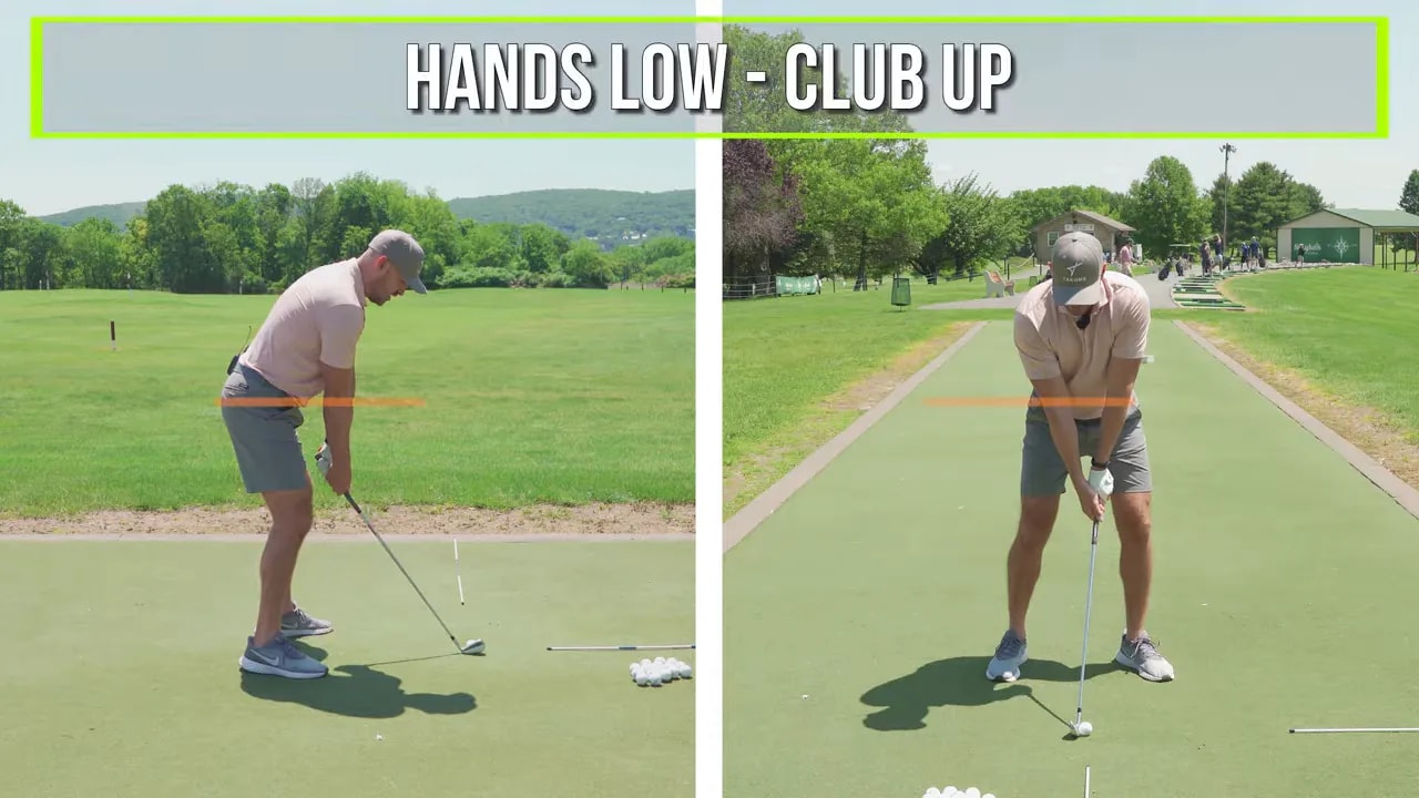 Split screen with orange waist lines and text hands low club up over two swing views