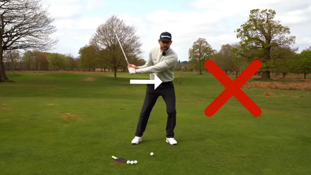 golfer with horizontal arrow and red X showing incorrect body move