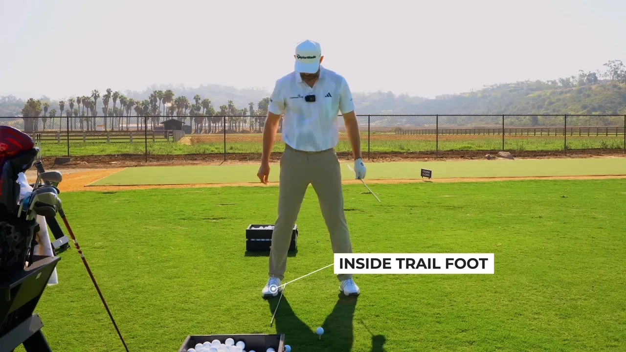 Golfer standing at address with text reading inside trail foot near the right foot