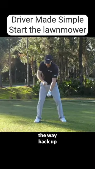 golfer pulling imaginary lawnmower cord back toward chest from golf posture