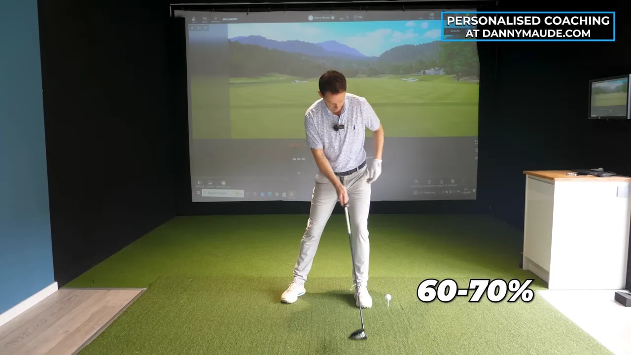 Golfer at address with red highlight under lead foot and 60 to 70 percent text on screen
