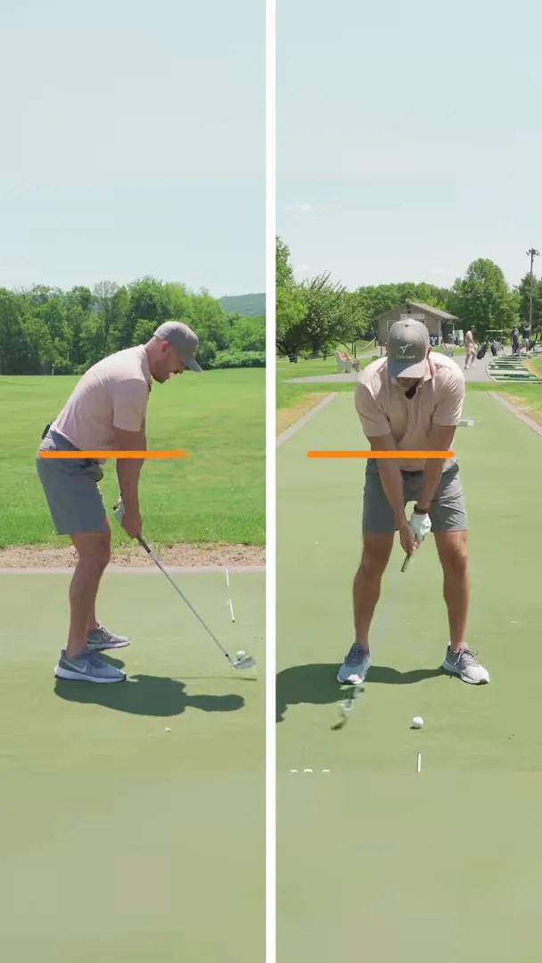 Split screen showing face-on and down-the-line golf swing positions with orange guide lines across the hand path