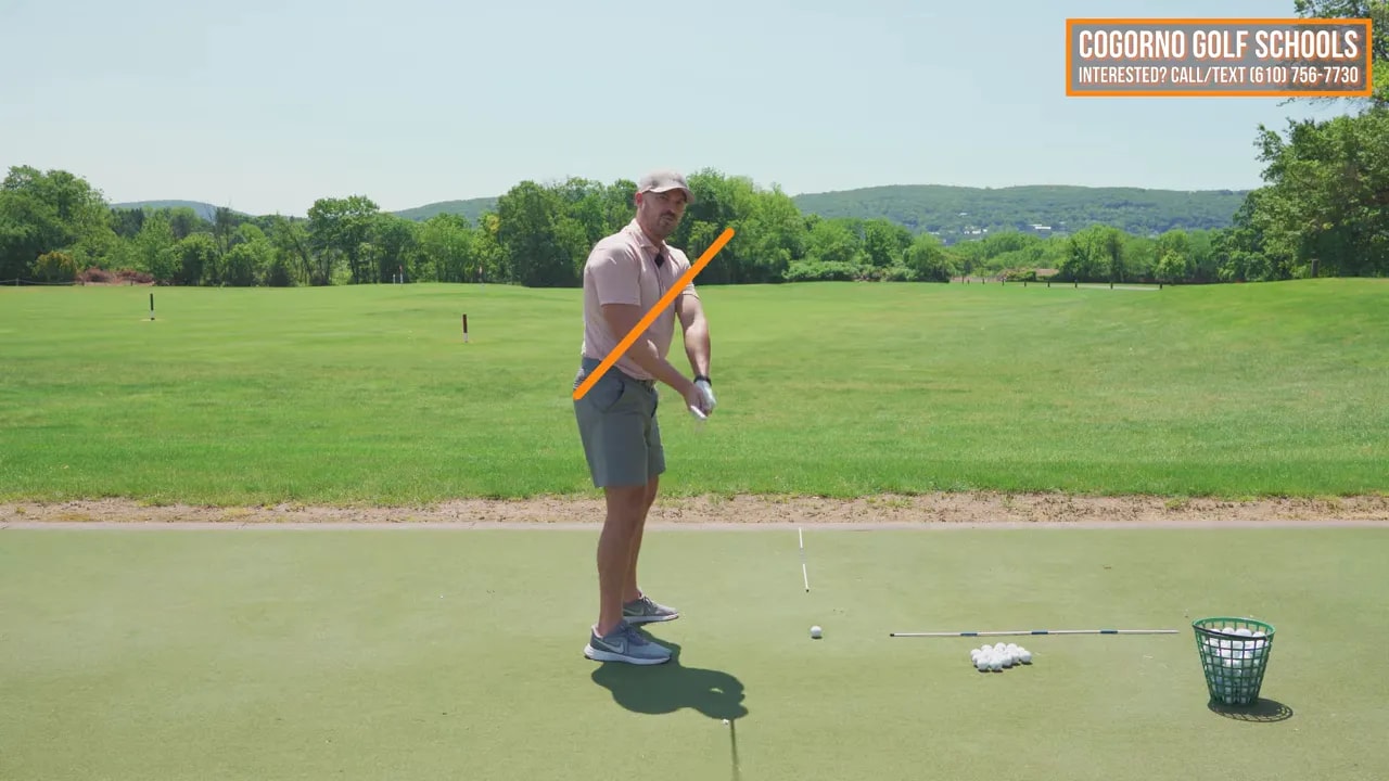Split screen showing side view swings with body lines and text maintain distance from the ground