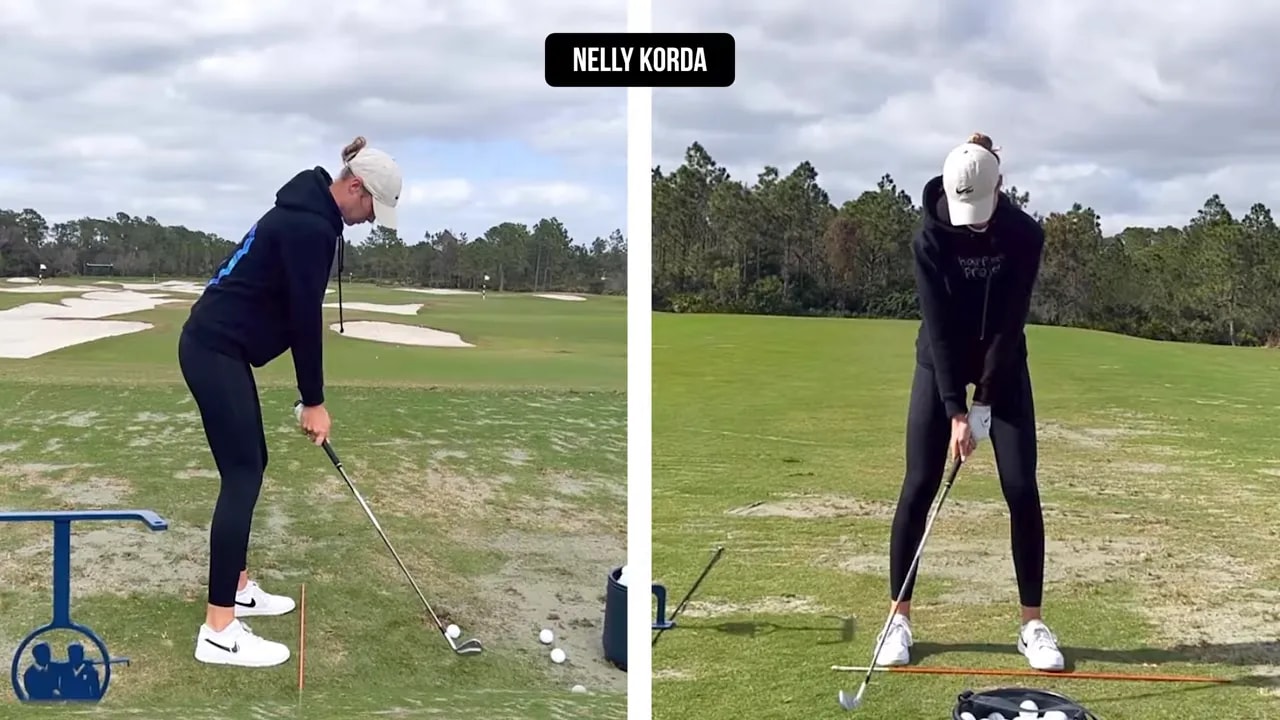 Split screen of Nelly Korda from side and front views at setup and early swing positions
