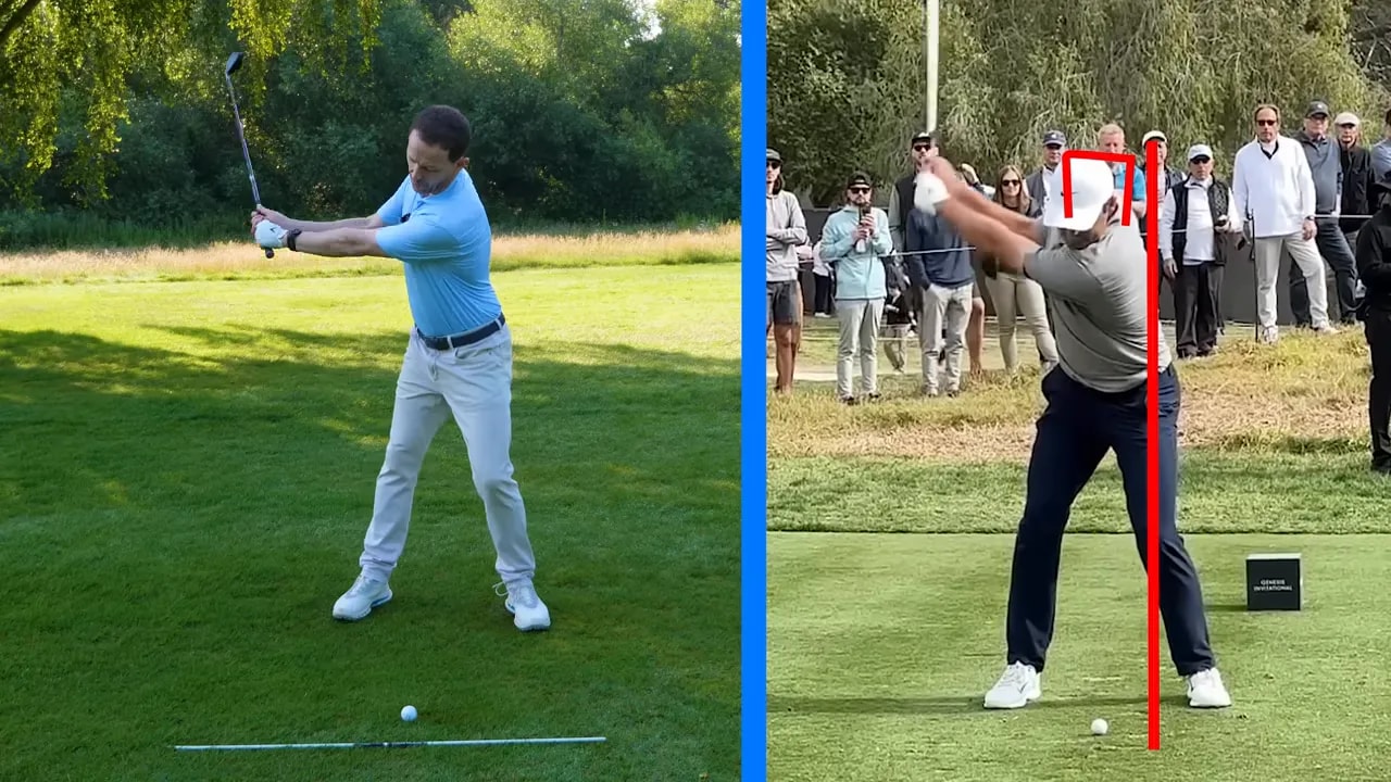 split screen comparing golfer drill motion with pro swing using red reference lines
