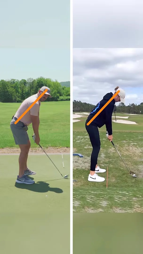 Split screen comparison between two face-on golf swings with orange diagonal posture lines over each player