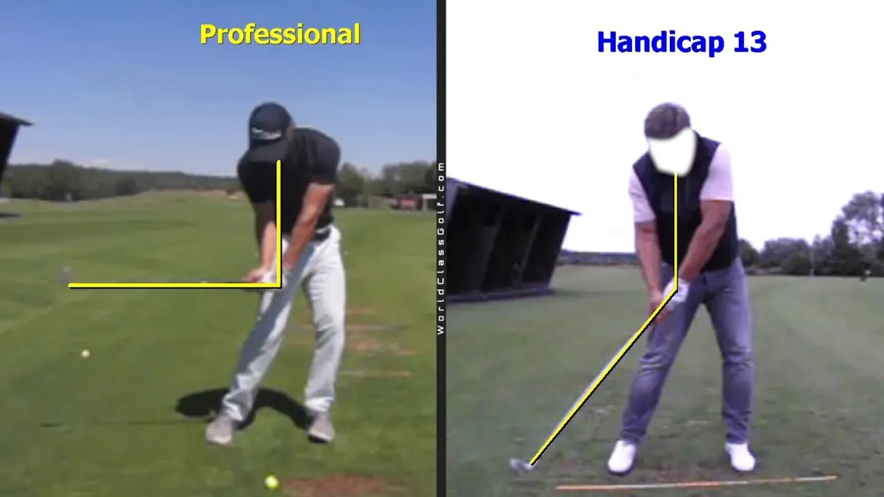 split screen comparing professional and handicap 13 impact positions with yellow guide lines