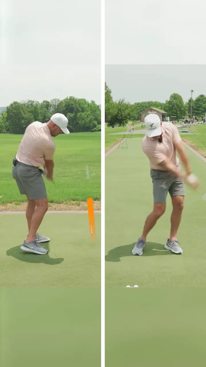 Split screen golf swings with an orange shot tracer showing a penetrating ball flight