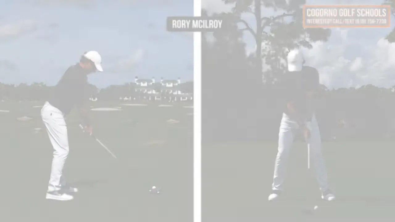 Split screen video of Rory McIlroy driver swing from two angles labeled Rory McIlroy