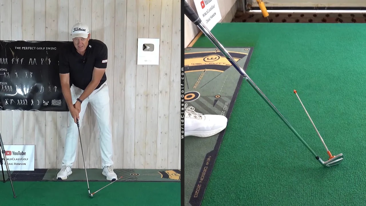 split screen indoor demonstration and putter style training aid showing shaft lean alignment