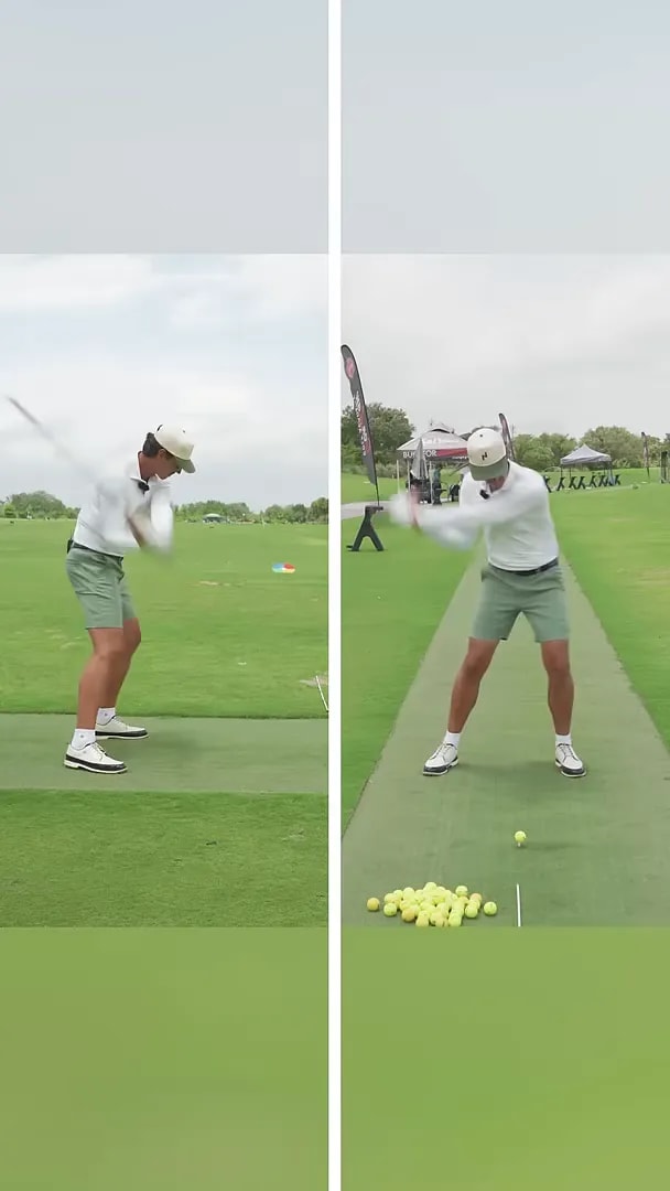 Split screen showing side and front views of a golfer finishing a driver swing