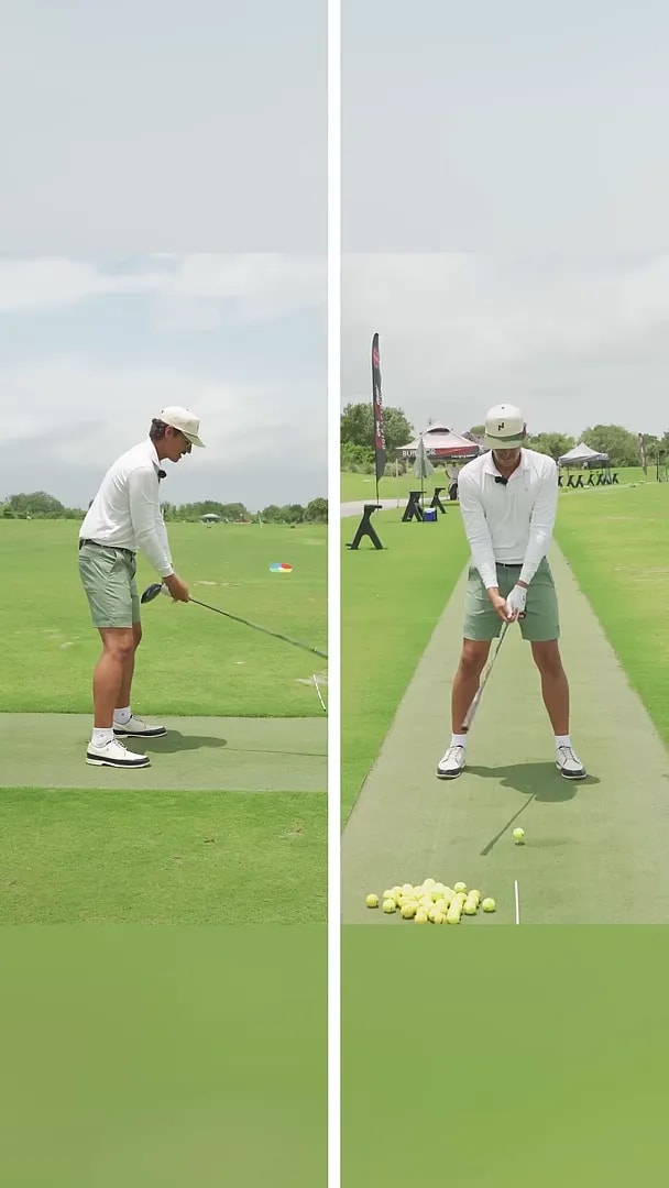 Split screen showing front and side views of a golfer at address with a driver