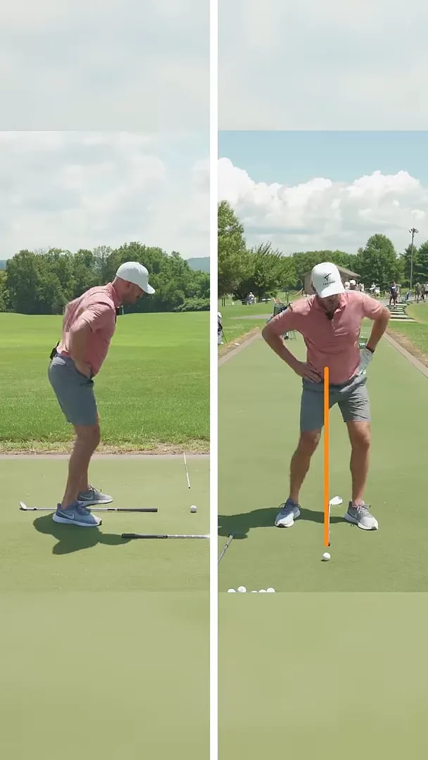 split screen showing front and side views of the golfer rehearsing hips forward with hands on hips