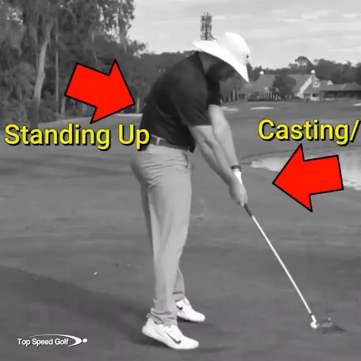 Golfer at impact with arrows and text highlighting standing up and casting