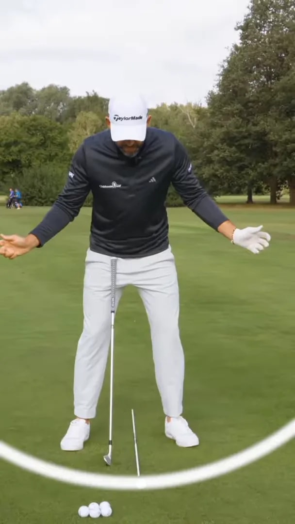Golfer standing over a ball with a white curved arc graphic showing the swing circle