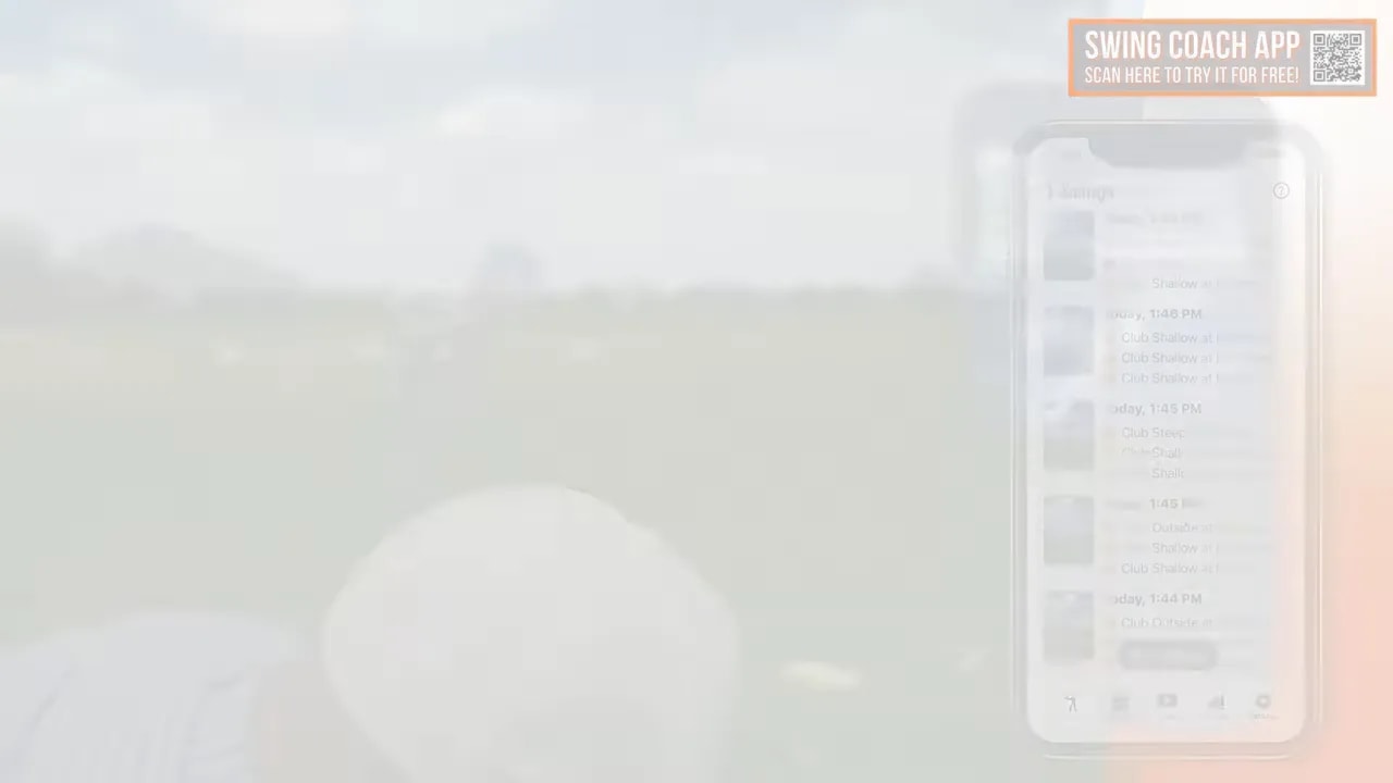 Golfer swing on range beside a phone screen showing swing analysis and feedback