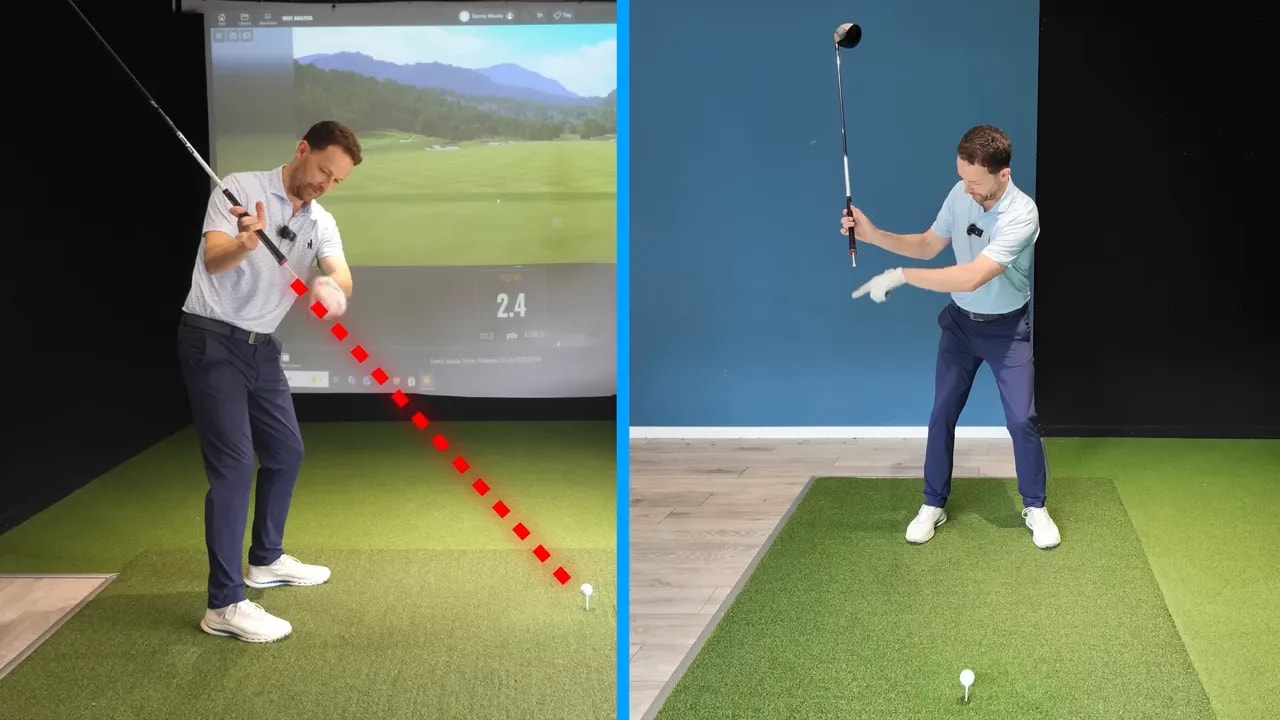 split screen golf swing with red dotted line showing downswing direction toward the ball