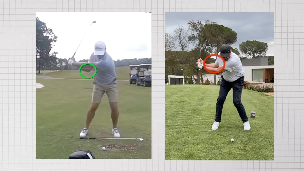 side by side swing frames comparing trail elbow positions with colored circles