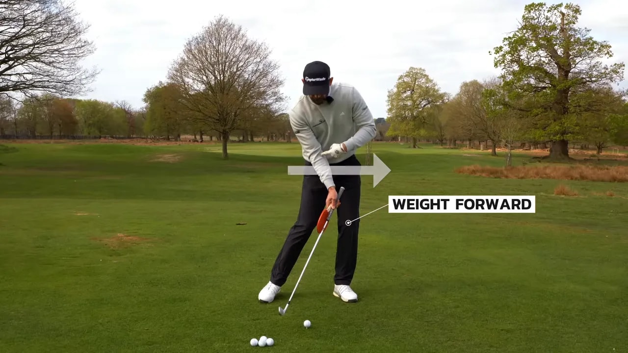 golfer at impact rehearsal with on screen label weight forward