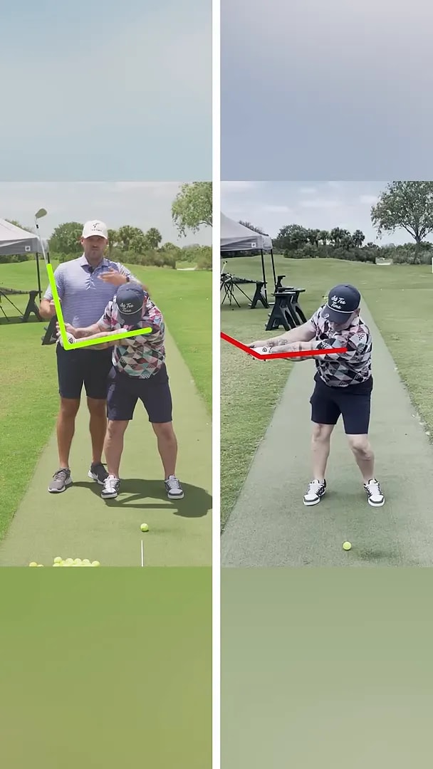 split screen comparison with bright angle lines showing wrist hinge positions