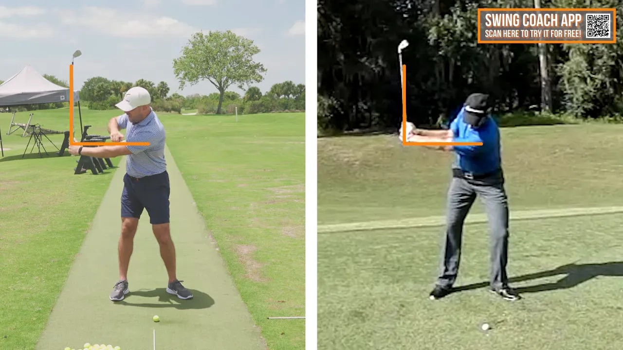 Split screen comparing two golfers with orange angle lines showing wrist hinge position